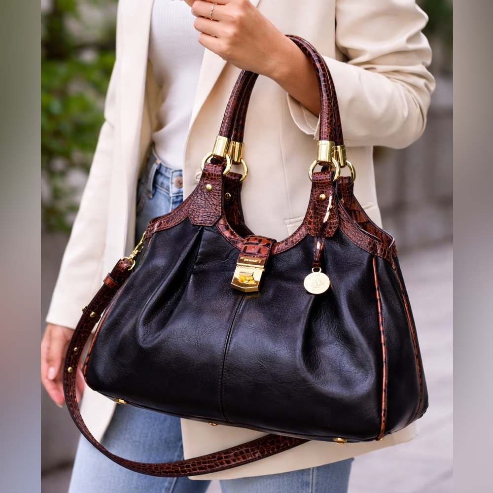 Brahmin Black with Brown Croc Embossed Trim Bag